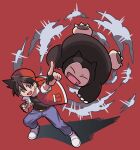  1boy :d absurdres backwards_hat bangs belt belt_buckle brown_belt brown_eyes brown_hair buckle commentary_request fingerless_gloves gloves hat highres jacket male_focus open_clothes open_jacket open_mouth pants pointing pokemon pokemon_(creature) pokemon_adventures red_(pokemon) red_background red_headwear shirt shoes short_hair smile snorlax sutokame white_footwear 