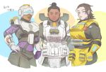  3girls apex_legends armor black_eyes black_hair bodysuit breasts caustic_(apex_legends) clenched_hand dark-skinned_female dark_skin freckles gibraltar_(apex_legends) gloves hair_behind_ear hair_bun hand_on_hip hazmat_suit helmet highres kogane_mushi large_breasts looking_at_viewer multiple_girls newcastle_(apex_legends) parted_lips purple_bodysuit purple_gloves smile visor white_gloves yellow_gloves 