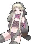  1girl bare_shoulders bikini blonde_hair blush brown_eyes commentary_request elbow_gloves eyebrows_visible_through_hair frilled_bikini frills gloves grey_gloves grey_hair grey_legwear hand_in_own_hair highres kanmoku-san kemono_friends long_hair midriff multicolored_hair navel pink_bikini pink_scarf scarf short_hair sidelocks sitting sleeveless solo swimsuit thighhighs two-tone_hair walrus_(kemono_friends) zettai_ryouiki 