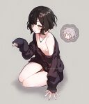  1boy 1girl bare_shoulders black_hair black_sweater breasts chibi chibi_inset english_commentary grey_background grey_eyes grey_hair jewelry mole mole_on_breast mole_on_collarbone necklace nihellie off_shoulder original oversized_clothes short_hair simple_background sitting small_breasts sweater thigh_gap twitter_username 
