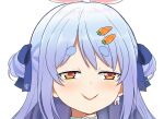  1girl animal_ears blue_hair bunny_earrings carrot_hair_ornament collar commentary_request double_bun earrings eyebrows_visible_through_hair face food-themed_hair_ornament hair_ornament half-closed_eyes hololive jewelry matarou_(matarou072) orange_eyes rabbit_ears raised_eyebrows single_earring smile smug solo thick_eyebrows usada_pekora 