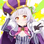  1girl bangs black_gloves blunt_bangs blush bow bowtie cape crown embarrassed english_commentary felutiahime fur-trimmed_cape fur_trim gloves grey_hair grey_shirt hair_ornament hairband half_updo highres hololive long_hair long_sleeves looking_at_viewer murasaki_shion pink_bow pink_bowtie purple_cape shirt short_eyebrows side_bun sidelocks solo striped striped_shirt sweatdrop upper_body v vertical-striped_shirt vertical_stripes virtual_youtuber yellow_eyes 