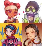  1boy 3girls absurdres apex_legends black_headwear black_shirt braid breasts brown_hair cleavage collarbone dark-skinned_female dark_skin double_bun eyeshadow goggles goggles_on_head green_vest hair_behind_ear headband heart highres horizon_(apex_legends) jacket ji_rong lifeline_(apex_legends) loba_(apex_legends) makeup mask mouth_mask multiple_girls octane_(apex_legends) orange_hair portrait purple_eyes red_eyes red_eyeshadow shirt smile spacesuit twin_braids vest white_headband white_jacket 