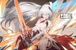  1girl armor blue_eyes boots breasts cape cleavage earrings fire gauntlets hair_ornament highres holding holding_sword holding_weapon honkai_(series) honkai_impact_3rd jewelry kiana_kaslana kiana_kaslana_(herrscher_of_flamescion) long_hair looking_at_viewer open_mouth ponytail solo sword thigh_boots torn_cape torn_clothes weapon white_footwear white_hair wu-qiao 