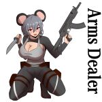  1girl alternate_breast_size animal_ears bangs black_pants blush breasts cape_(odichannocookie) cleavage commentary_request cookie_(touhou) english_text eyebrows_visible_through_hair full_body grey_hair grey_tank_top gun hair_between_eyes highres holding holding_gun holding_knife holding_weapon kalashnikov_rifle knife large_breasts looking_at_viewer mouse_ears mouse_girl nazrin nyon_(cookie) open_mouth pants pouch red_eyes reverse_grip short_hair shrug_(clothing) simple_background smile solo squatting tank_top touhou weapon white_background 