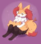  1girl :3 absurdres animal_ear_fluff animal_ears animal_feet animal_hands animal_nose artist_name black_fur blush body_fur braixen commentary dated english_commentary fang flat_chest fluffydasher fox_ears fox_girl fox_tail full_body furry furry_female hand_up highres knees_up light_blush looking_at_viewer multicolored_fur open_mouth orange_eyes pokemon pokemon_(creature) purple_background sideways_mouth signature simple_background sitting snout solo sparkle stick tail white_fur yellow_fur 