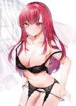  1girl absurdres black_bra black_garter_belt black_panties blush bra breasts closed_mouth collarbone eyebrows_visible_through_hair hair_down heterochromia highres hololive houshou_marine lace-trimmed_bra lace_trim large_breasts long_hair navel panties panty_pull pulled_by_self raised_eyebrows red_eyes red_hair solo stomach strap_slip underwear underwear_only undressing virtual_youtuber yellow_eyes yukineko1018 