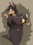  absurd_res anthro big_breasts big_butt bikini breasts brown_body brown_fur brown_hair butt canid canine canis clothing dobermann domestic_dog female fur hair hi_res huge_breasts long_hair looking_up mammal pinscher simple_background solo swimwear thick_thighs tyler_3d_(artist) 