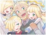  2boys 2girls :d ;d absurdres affectionate blonde_hair blush collared_shirt commentary_request eyelashes facial_hair family gladion_(pokemon) green_eyes happy_tears highres lillie_(pokemon) long_hair lusamine_(pokemon) mohn_(pokemon) monaka_(monaka_alola) multiple_boys multiple_girls nihilego one_eye_closed open_mouth pokemon pokemon_(anime) pokemon_(creature) pokemon_journeys red_shirt shirt smile sweater tearing_up tears teeth tongue ultra_beast upper_teeth 