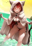  1girl bikini black_bikini breasts cleavage cloak eris_greyrat hair_between_eyes highres hood hooded_cloak layered_bikini long_hair medium_breasts mushoku_tensei navel ocean open_mouth orange_sky outdoors red_eyes red_hair sky smile solo standing swimsuit teeth water zasshu 