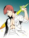  1boy bandaid bandaid_on_face energy_sword holding holding_sword holding_weapon imuro jacket kuwabara_kazuma looking_at_viewer male_focus muscular muscular_male open_clothes open_jacket orange_hair pectorals pompadour sarashi short_hair solo sword topless_male upper_body weapon white_jacket yu_yu_hakusho 