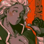  absurdres amy_matsushita-beal black_gloves blonde_hair blush breasts cleavage cross cross_earrings dorohedoro ear_piercing earrings gloves highres jewelry looking_to_the_side noi_(dorohedoro) open_mouth piercing red_eyes 
