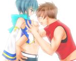  1boy 1girl blue_eyes blue_hair blue_scarf breast_grab breasts brown_eyes brown_hair grabbing kaiko meito nipples non-web_source red_clouds scarf sex 