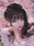  1girl absurdres bangs black_hair blunt_bangs blurry bm94199 brown_hair cherry_blossoms day eyebrows_behind_hair face hand_up highres lips long_hair long_sleeves looking_away original outdoors parted_lips purple_eyes sleeves_past_wrists solo upper_body 