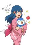  1girl :d ^_^ alternate_costume bangs blue_eyes blue_hair candy_apple closed_eyes commentary_request dated dawn_(pokemon) eyelashes floral_print flower food hair_flower hair_ornament happy highres holding holding_pokemon holding_stick japanese_clothes kimono long_hair looking_at_viewer open_mouth pink_flower pink_kimono piplup pokemon pokemon_(anime) pokemon_(creature) pokemon_dppt_(anime) signature smile star_(symbol) stick tamura_(kouititamura) tongue 