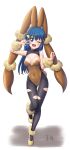  1girl alternate_costume animal_ears arm_up ass_visible_through_thighs bare_shoulders black_legwear blue_eyes blue_hair blush brown_hairband brown_leotard commentary completion_time cosplay covered_navel dated_commentary dawn_(pokemon) els_(ljhlee12) fake_animal_ears fake_tail full_body hair_ornament hairband hairclip hand_up happy head_tilt highres knees_together_feet_apart leg_up leotard long_hair looking_at_viewer lopunny lopunny_(cosplay) mega_lopunny mega_lopunny_(cosplay) mega_pokemon one_eye_closed open_mouth pantyhose playboy_bunny pokemon pokemon_(game) pokemon_dppt rabbit_ears rabbit_tail shiny shiny_clothes shiny_skin shoes sidelocks simple_background smile solo standing standing_on_one_leg strapless strapless_leotard tail torn_clothes torn_legwear w w_over_eye white_background yellow_footwear 