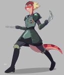  2022 4_fingers amphibia_(series) amphibian anthro armor blonde_hair boots claws clothing disney female fingers footwear frankievix general_yunan hair long_tail newt red_body red_skin salamander_(amphibian) sharp_teeth simple_background smile solo teeth weapon 