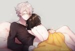  1boy 1girl black_hair black_shirt blanket couple english_commentary grey_background grey_hair hetero jewelry lying lying_on_person necklace nihellie nude on_back one_eye_closed original shirt short_hair sweat twitter_username 