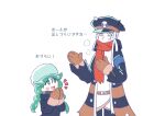  1boy 1girl :d a_(b286rhvn) bangs belt black_jacket blush_stickers braid brown_belt brown_mittens commentary_request fur_hat fur_trim green_eyes green_hair green_headwear hair_between_eyes hat ingo_(pokemon) jacket long_hair long_sleeves notice_lines open_mouth pokemon pokemon_(game) pokemon_legends:_arceus sabi_(pokemon) scarf simple_background smile striped_coat tongue torn_clothes torn_coat translation_request twin_braids twintails white_background 