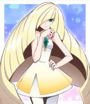  1girl bangs blonde_hair border breasts closed_mouth commentary_request diamond_(shape) dress gem green_eyes green_gemstone hair_over_one_eye highres holding holding_poke_ball leggings long_hair looking_at_viewer lusamine_(pokemon) poke_ball poke_ball_(basic) pokemon pokemon_(game) pokemon_sm short_dress sleeveless sleeveless_dress smile solo sparkle usoco white_border white_dress white_legwear 