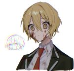  1girl bangs blonde_hair blood blood_on_clothes blood_on_face closed_mouth don_quixote_(limbus_company) expressionless formal green_suit limbus_company mu46016419 necktie project_moon red_necktie shirt short_hair suit white_background white_shirt yellow_eyes 