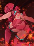  1girl ass ass_focus back backless_outfit bob_cut breasts f_1chan fire from_behind glowing large_breasts midriff one_knee pyra_(xenoblade) red_hair short_sleeves shorts solo suspender_shorts suspenders thighhighs thighs xenoblade_chronicles_(series) xenoblade_chronicles_2 