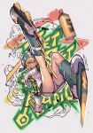  1girl blonde_hair copyright_name full_body gloves graffiti gum_(jsr) helmet hungry_clicker inline_skates jet_set_radio leg_up motion_blur panties pantyshot raglan_sleeves roller_skates short_hair skates solo spray_can striped_sleeves underwear 