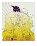  2boys arguing bangs black_hair bowl chainsaw_man chopsticks crumbs cushion denji_(chainsaw_man) food glass hair_between_eyes hayakawa_aki holding holding_bowl holding_hands kanitumuri long_sleeves looking_at_another multiple_boys on_floor open_mouth pitcher plate rice sharp_teeth short_hair short_sleeves sitting soy_sauce table teeth topknot zabuton 