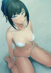  1girl barefoot bikini black_hair blue_eyes blush breasts cleavage goshiki_suzu looking_at_viewer navel original sitting solo swimsuit wariza white_bikini 