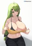  1girl ahoge areola_slip artist_name bangs bare_shoulders black_bow black_pants bow breasts cleavage clothes_pull collarbone english_commentary furrowed_brow green_eyes green_hair hair_ornament hairclip highres huge_breasts light_blush long_hair low-tied_long_hair midriff navel nessu_(nnn07897) open_mouth original pants pulled_by_self shadow shirt shirt_pull simple_background sitting solo strap_slip strapless sweat tube_top twitter_username very_long_hair wardrobe_malfunction white_background yellow_shirt 