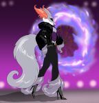  absurd_res alistair_(crovirus) anthro anthrofied arm_tuft belt black_lipstick bottomwear clothed clothing crossdressing crovirus curvy_figure delphox ear_tuft elemental_manipulation eyes_closed eyeshadow fire fire_manipulation fluffy fluffy_tail fur_coat girly hand_on_hip hi_res high_heels leg_tuft lipstick makeup male nintendo pants pok&eacute;mon pok&eacute;mon_(species) purple_eyeshadow ring shiny_pok&eacute;mon smile solo spinning_weapon stick strutting tuft video_games walking 