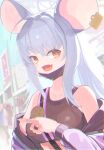  1girl ahoge animal_ears artist_name bangs blue_archive city crop_top dot_nose ear_tag eyebrows_visible_through_hair fang long_hair looking_at_viewer mouse_ears mouse_girl open_mouth red_eyes saya_(blue_archive) saya_(casual)_(blue_archive) tatara_(alnath_may) 