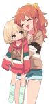 2girls bangs blonde_hair blush bow brown_hair closed_eyes collarbone denim denim_shorts drawstring eyebrows_visible_through_hair futaba_anzu hair_bow height_difference highres holding_person hood hood_down hoodie hug hug_from_behind idolmaster idolmaster_cinderella_girls long_hair long_sleeves low_twintails moroboshi_kirari multiple_girls no_shoes open_mouth oversized_clothes saito_katuo shiny shiny_hair short_shorts shorts sleeves_past_fingers sleeves_past_wrists smile striped striped_legwear symbol-only_commentary thighs twintails 