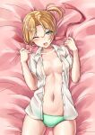  1girl ;o bad_link bangs blonde_hair blush commentary_request cowboy_shot green_eyes green_panties kantai_collection maikaze_(kancolle) mayura2002 navel no_bra on_bed one_eye_closed open_clothes open_shirt panties parted_bangs ponytail red_ribbon ribbon shirt solo underwear wavy_mouth white_shirt 
