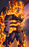  absurdres bander_(baiyushou) bara beard endeavor_(boku_no_hero_academia) facial_hair fire highres large_pectorals mature_male muscular muscular_male mustache pectorals superhero 