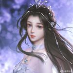  1girl absurdres black_hair blue_eyes choker dress eyelashes face facial_mark forehead_mark highres looking_at_viewer lu_xueqi_(zhu_xian) moxue_qing_yin solo tiara upper_body white_dress zhu_xian 