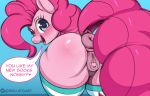  2022 animal_genitalia animal_pussy anus blush butt clitoris clothing cutie_mark dibujito digital_media_(artwork) earth_pony english_text equid equine equine_pussy eyelashes female feral friendship_is_magic genitals hasbro hi_res horse legwear looking_at_viewer looking_back mammal my_little_pony open_mouth pinkie_pie_(mlp) pony pussy rear_view simple_background solo speech_bubble text 