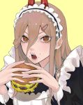  +_+ 1girl burger chainsaw_man cheese crumbs eating fangs food hair_between_eyes hair_ornament hairclip highres holding holding_food horns long_hair looking_at_viewer maid maid_headdress open_mouth power_(chainsaw_man) puffy_sleeves red_horns sailen0 sleeve_garter solo yellow_eyes 