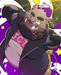 2022 anthro belly big_belly brown_body brown_fur clothing fur hi_res hisashiyo_0705 humanoid_hands in_jekuto kemono male mammal one_eye_closed overweight overweight_male scarf shirt solo suid suina sus_(pig) topwear utau wild_boar wink 