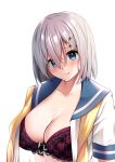  1girl bangs blue_eyes blue_sailor_collar blush bra breasts closed_mouth grey_hair hair_between_eyes hair_ornament hairclip hamakaze_(kancolle) highres kantai_collection lace-trimmed_bra lace_trim large_breasts looking_at_viewer mimamui neckerchief open_clothes purple_bra sailor_collar school_uniform serafuku short_hair simple_background solo suggestive_fluid underwear undone_neckerchief upper_body white_background yellow_neckerchief 