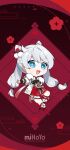  1girl blue_eyes chibi china_dress chinese_clothes dress full_body fur_trim hair_ornament highres honkai_(series) honkai_impact_3rd kiana_kaslana kiana_kaslana_(divine_prayer) long_sleeves official_art official_wallpaper open_mouth pom_pom_(clothes) pom_pom_hair_ornament twintails white_hair 