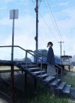  1girl black_hair blue_jacket blue_sky cloud commentary_request grass ground_vehicle highres jacket long_skirt long_sleeves looking_at_viewer original outdoors power_lines sakeharasu scenery shoes short_hair skirt sky sneakers solo stairs standing train train_station utility_pole white_footwear wide_shot 