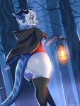  anthro big_butt biped black_cloak boots bottomless butt clothed clothing digital_media_(artwork) dragon female footwear hair hi_res holding_lantern holding_object horn lamp lantern legwear looking_at_viewer looking_back looking_back_at_viewer outside plant rear_view red_clothing red_topwear shaded solo thigh_boots thigh_highs topwear tree zetsuboucchi 