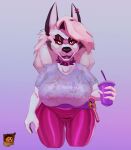  absurd_res anthro beverage big_breasts breasts canid canid_demon cannie clothing curvy_figure demon female grishnax hellhound helluva_boss hi_res huge_breasts looking_at_viewer loona_(helluva_boss) mammal red_eyes soda solo tight_clothing voluptuous wide_hips 