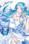  1girl absurdres bare_shoulders blue_eyes blue_hair bracelet bug butterfly chinese_clothes douluo_dalu dress earrings hair_ornament hand_in_own_hair highres jewelry long_hair necklace smile tang_wutong_(douluo_dalu) upper_body white_dress zhi_yu_716 