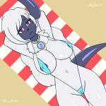  1:1 absol anthro areola areola_slip beach big_breasts bikini breasts camel_toe canid clothed clothing curvy_figure female fur hands_behind_head hi_res horn hourglass_figure jewelry looking_at_viewer lying mammal neck_tuft necklace nintendo nipple_slip on_back pok&eacute;mon pok&eacute;mon_(species) red_eyes renaspyro seaside skimpy sling_bikini solo swimwear towel tuft video_games voluptuous white_body white_fur 