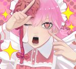  1girl absurdres akanbe bangs braid brain chainsaw_man cosmo_(chainsaw_man) eyeball heart heart-shaped_eyes highres looking_at_viewer maid open_mouth pink_background pointing pointing_at_self ribbon sailen0 simple_background solo sparkle teeth tongue tongue_out 
