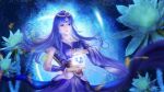  1girl absurdres asymmetrical_sleeves blue_background flower highres light long_hair looking_at_viewer open_mouth purple_hair qin_shi_ming_yue shao_siming_(qin_shi_ming_yue) shao_siming_guang_wei solo upper_body veil 