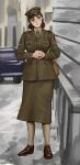  1girl absurdres auxiliary_territorial_service bag british british_army car full_body ground_vehicle handbag hat highres jacket military military_uniform motor_vehicle necktie original own_hands_clasped own_hands_together peaked_cap remora25 shirt skirt smile standing uniform world_war_ii 