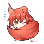  1girl ;o animal_ears arknights blush brown_eyes chibi ear_tag flametail_(arknights) looking_at_viewer nemesis_gx one_eye_closed red_hair simple_background sleep_bubble solo squirrel_ears squirrel_girl squirrel_tail tail twitter_username white_background 